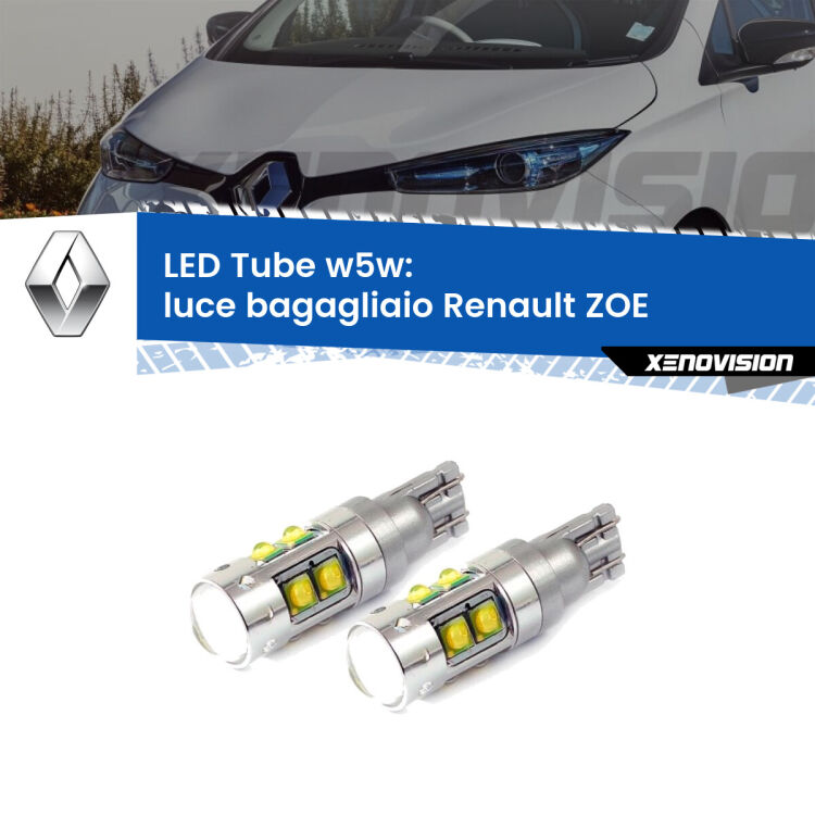 <strong>Luce Bagagliaio LED 6000k per Renault ZOE</strong>  2012 in poi. Lampadine <strong>W5W</strong> canbus modello Tube, luce bianco lunare, lunga durata e compatibilità.