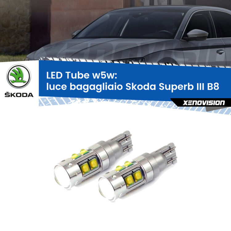 <strong>Luce Bagagliaio LED 6000k per Skoda Superb III</strong> B8 2015 in poi. Lampadine <strong>W5W</strong> canbus modello Tube, luce bianco lunare, lunga durata e compatibilità.