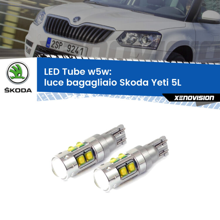 <strong>Luce Bagagliaio LED 6000k per Skoda Yeti</strong> 5L 2009 - 2017. Lampadine <strong>W5W</strong> canbus modello Tube, luce bianco lunare, lunga durata e compatibilità.