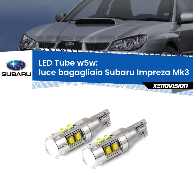 <strong>Luce Bagagliaio LED 6000k per Subaru Impreza</strong> Mk3 2007 - 2010. Lampadine <strong>W5W</strong> canbus modello Tube, luce bianco lunare, lunga durata e compatibilità.