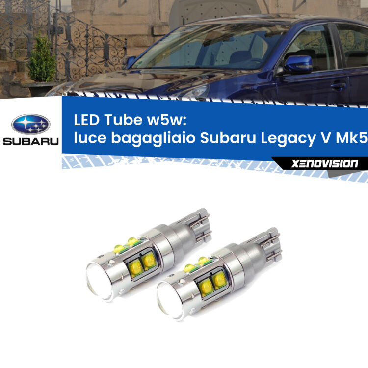 <strong>Luce Bagagliaio LED 6000k per Subaru Legacy V</strong> Mk5 2009 - 2013. Lampadine <strong>W5W</strong> canbus modello Tube, luce bianco lunare, lunga durata e compatibilità.