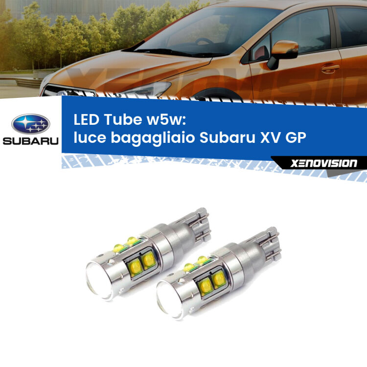 <strong>Luce Bagagliaio LED 6000k per Subaru XV</strong> GP 2012 - 2016. Lampadine <strong>W5W</strong> canbus modello Tube, luce bianco lunare, lunga durata e compatibilità.