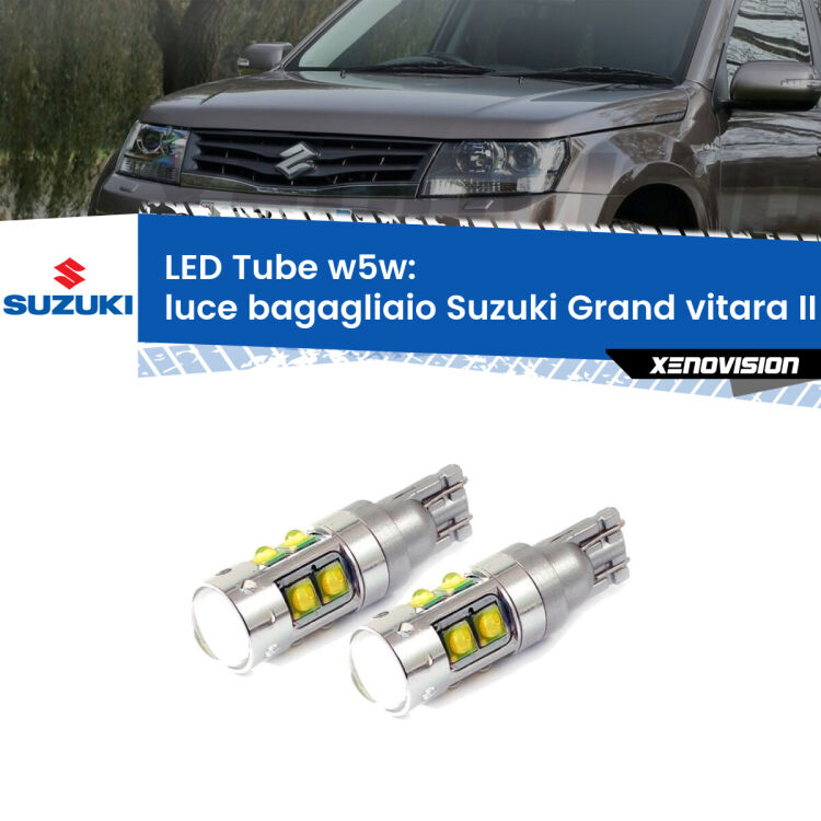 <strong>Luce Bagagliaio LED 6000k per Suzuki Grand vitara II</strong> JT, TE, TD 2005 - 2015. Lampadine <strong>W5W</strong> canbus modello Tube, luce bianco lunare, lunga durata e compatibilità.