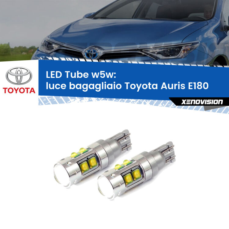 <strong>Luce Bagagliaio LED 6000k per Toyota Auris</strong> E180 2012 - 2018. Lampadine <strong>W5W</strong> canbus modello Tube, luce bianco lunare, lunga durata e compatibilità.