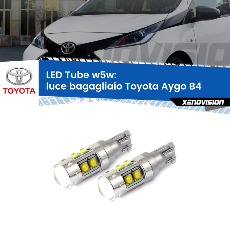 <strong>Luce Bagagliaio LED 6000k per Toyota Aygo</strong> B4 2014 in poi. Lampadine <strong>W5W</strong> canbus modello Tube, luce bianco lunare, lunga durata e compatibilità.