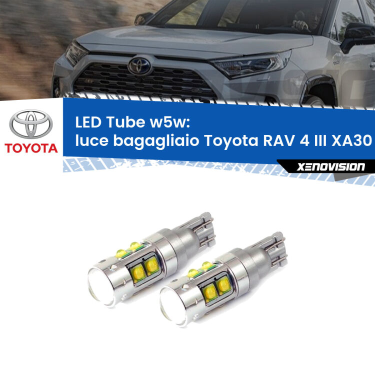 <strong>Luce Bagagliaio LED 6000k per Toyota RAV 4 III</strong> XA30 2005 - 2014. Lampadine <strong>W5W</strong> canbus modello Tube, luce bianco lunare, lunga durata e compatibilità.