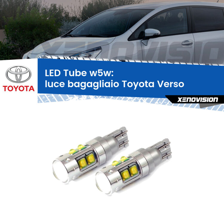 <strong>Luce Bagagliaio LED 6000k per Toyota Verso</strong>  2009 - 2018. Lampadine <strong>W5W</strong> canbus modello Tube, luce bianco lunare, lunga durata e compatibilità.