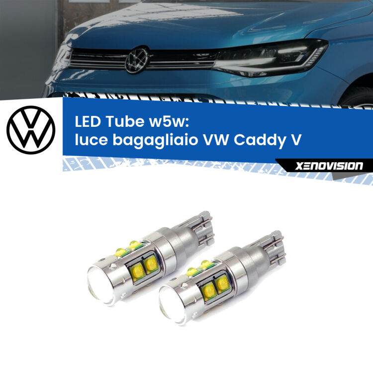 <strong>Luce Bagagliaio LED 6000k per VW Caddy V</strong>  2021 in poi. Lampadine <strong>W5W</strong> canbus modello Tube, luce bianco lunare, lunga durata e compatibilità.