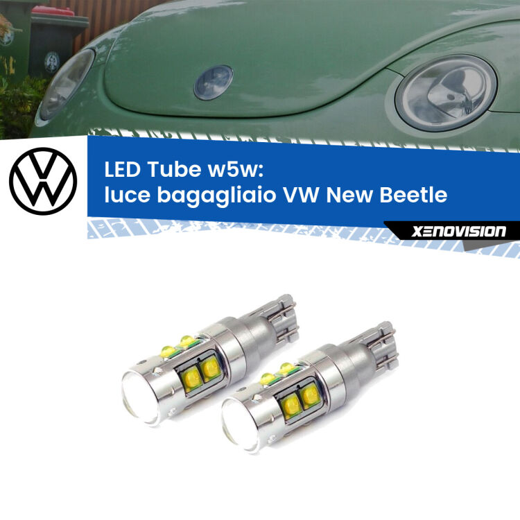 <strong>Luce Bagagliaio LED 6000k per VW New Beetle</strong>  1998 - 2010. Lampadine <strong>W5W</strong> canbus modello Tube, luce bianco lunare, lunga durata e compatibilità.