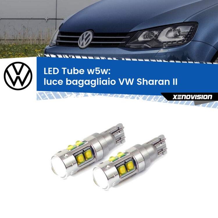 <strong>Luce Bagagliaio LED 6000k per VW Sharan</strong> II nel baule. Lampadine <strong>W5W</strong> canbus modello Tube, luce bianco lunare, lunga durata e compatibilità.