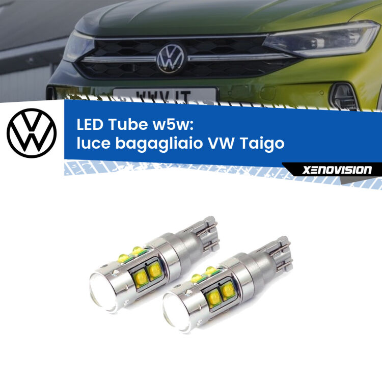 <strong>Luce Bagagliaio LED 6000k per VW Taigo</strong>  2020 in poi. Lampadine <strong>W5W</strong> canbus modello Tube, luce bianco lunare, lunga durata e compatibilità.