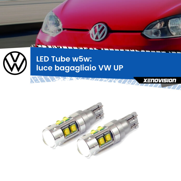 <strong>Luce Bagagliaio LED 6000k per VW UP</strong>  2011 in poi. Lampadine <strong>W5W</strong> canbus modello Tube, luce bianco lunare, lunga durata e compatibilità.