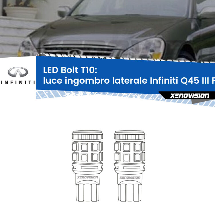 <strong>Luce ingombro laterale LED per Infiniti Q45 III</strong> F50 anteriori. Coppia lampade <strong>T10</strong> modello Bolt canbus.