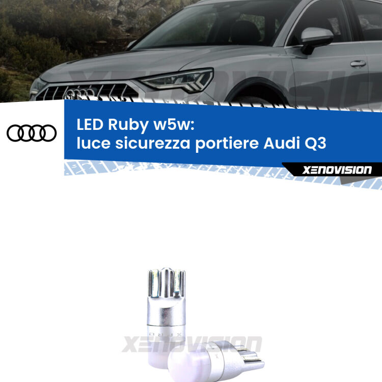 <strong>Luce Sicurezza Portiere LED per Audi Q3</strong>  2011 - 2018: coppia led T10 a illuminazione Rossa a 360 gradi. Si inseriscono ovunque. Canbus, Top Quality.