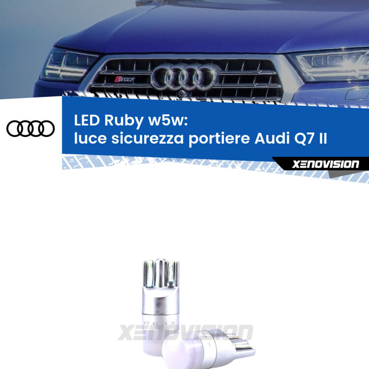 <strong>Luce Sicurezza Portiere LED per Audi Q7</strong> II 2015 in poi: coppia led T10 a illuminazione Rossa a 360 gradi. Si inseriscono ovunque. Canbus, Top Quality.