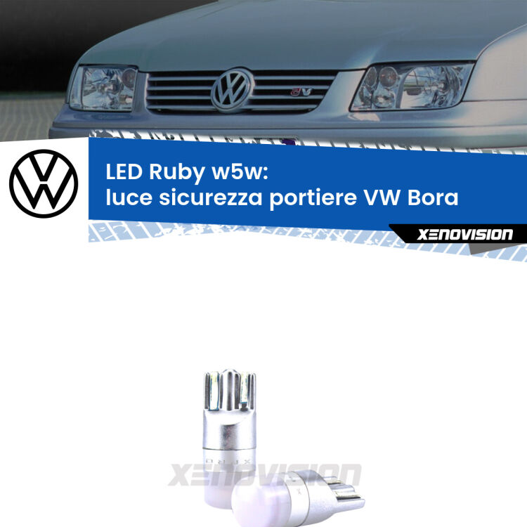 <strong>Luce Sicurezza Portiere LED per VW Bora</strong>  1999 - 2006: coppia led T10 a illuminazione Rossa a 360 gradi. Si inseriscono ovunque. Canbus, Top Quality.