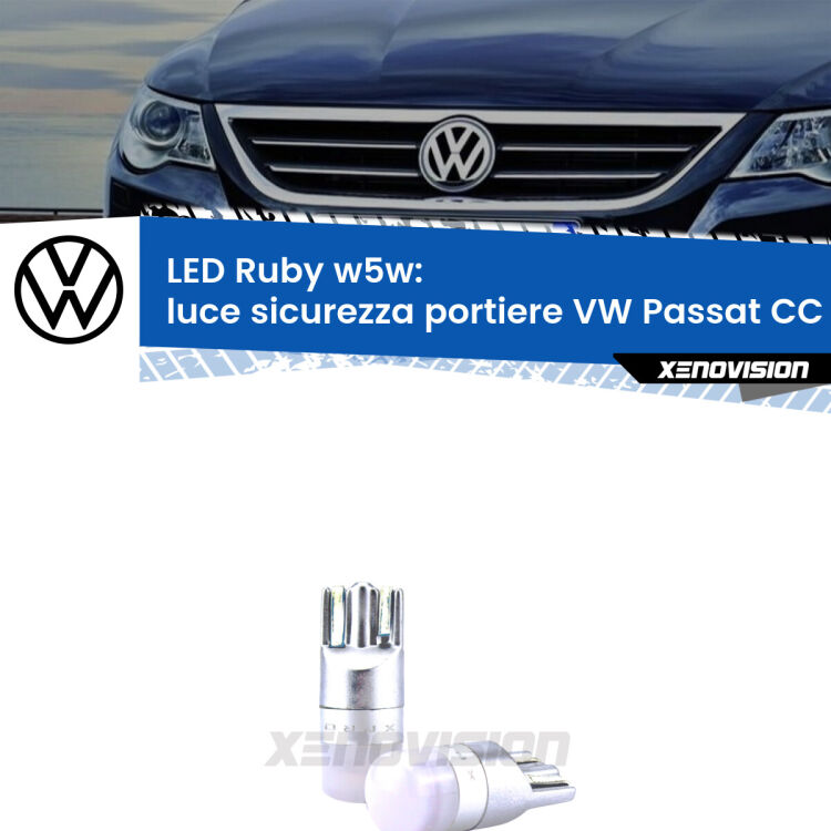 <strong>Luce Sicurezza Portiere LED per VW Passat CC</strong> 357 2008 - 2012: coppia led T10 a illuminazione Rossa a 360 gradi. Si inseriscono ovunque. Canbus, Top Quality.