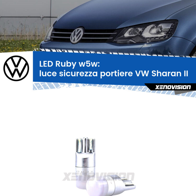 <strong>Luce Sicurezza Portiere LED per VW Sharan</strong> II 2010 - 2019: coppia led T10 a illuminazione Rossa a 360 gradi. Si inseriscono ovunque. Canbus, Top Quality.