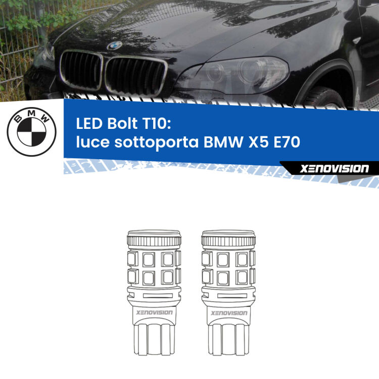 <strong>Luce Sottoporta LED per BMW X5</strong> E70 2006 - 2013. Coppia lampade <strong>T10</strong> modello Bolt canbus.