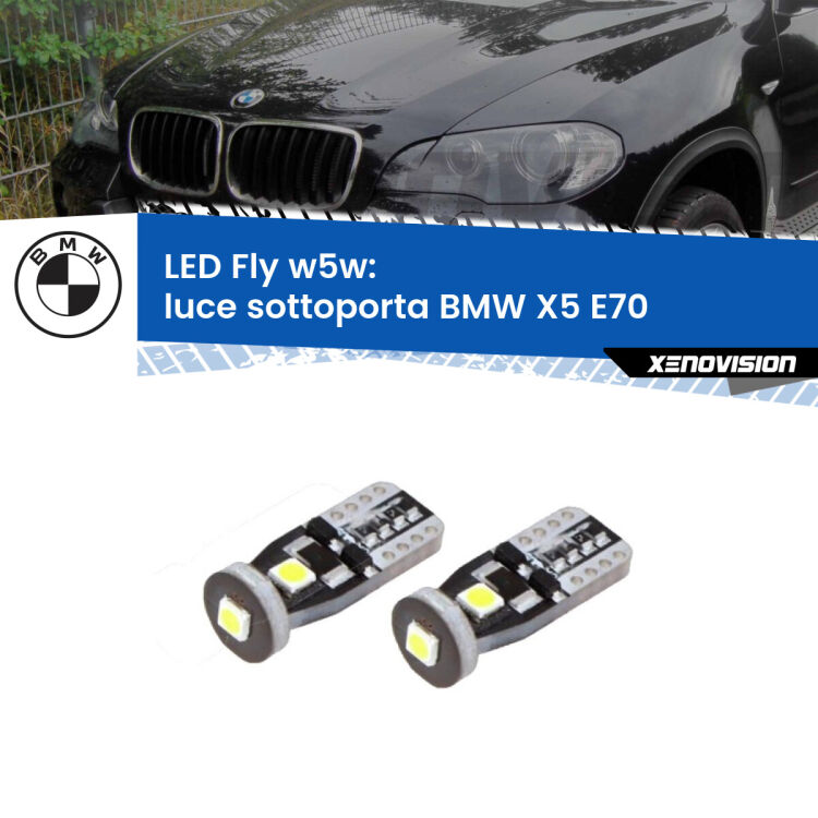 <strong>luce sottoporta LED per BMW X5</strong> E70 2006 - 2013. Coppia lampadine <strong>w5w</strong> Canbus compatte modello Fly Xenovision.