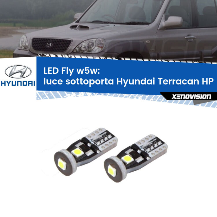 <strong>luce sottoporta LED per Hyundai Terracan</strong> HP 2001 - 2006. Coppia lampadine <strong>w5w</strong> Canbus compatte modello Fly Xenovision.