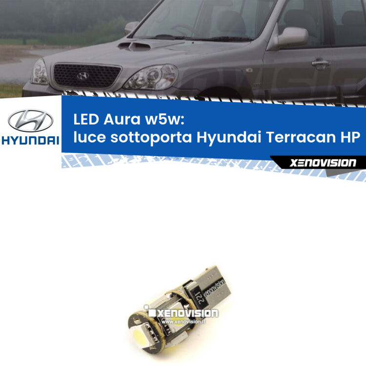 <strong>LED luce sottoporta w5w per Hyundai Terracan</strong> HP 2001 - 2006. Una lampadina <strong>w5w</strong> canbus luce bianca 6000k modello Aura Xenovision.