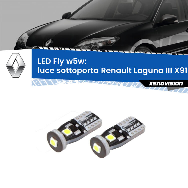 <strong>luce sottoporta LED per Renault Laguna III</strong> X91 2007 - 2015. Coppia lampadine <strong>w5w</strong> Canbus compatte modello Fly Xenovision.