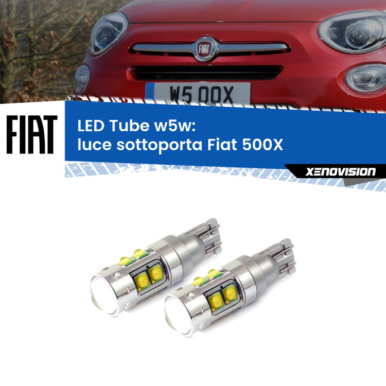 <strong>Luce Sottoporta LED 6000k per Fiat 500X</strong>  2014 in poi. Lampadine <strong>W5W</strong> canbus modello Tube, luce bianco lunare, lunga durata e compatibilità.