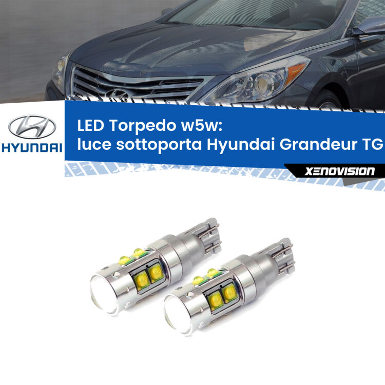 <strong>Luce Sottoporta LED 6000k per Hyundai Grandeur</strong> TG 2005 - 2011. Lampadine <strong>W5W</strong> canbus modello Tube, luce bianco lunare, lunga durata e compatibilità.