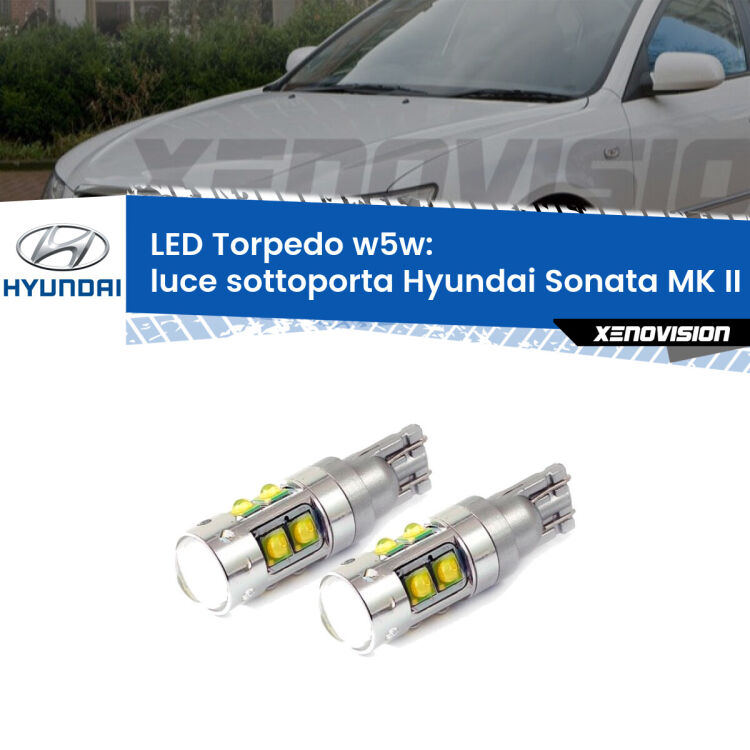 <strong>Luce Sottoporta LED 6000k per Hyundai Sonata MK II</strong> Y-3 1993 - 1998. Lampadine <strong>W5W</strong> canbus modello Tube, luce bianco lunare, lunga durata e compatibilità.