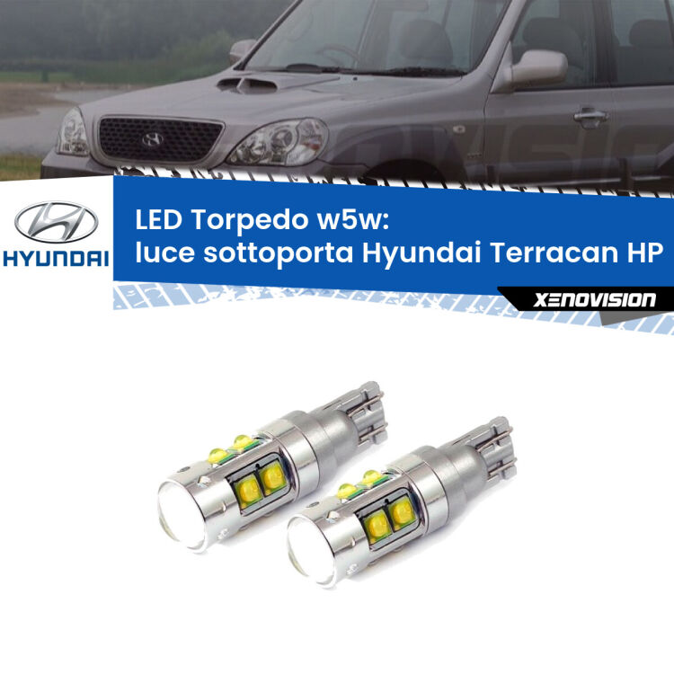 <strong>Luce Sottoporta LED 6000k per Hyundai Terracan</strong> HP 2001 - 2006. Lampadine <strong>W5W</strong> canbus modello Tube, luce bianco lunare, lunga durata e compatibilità.