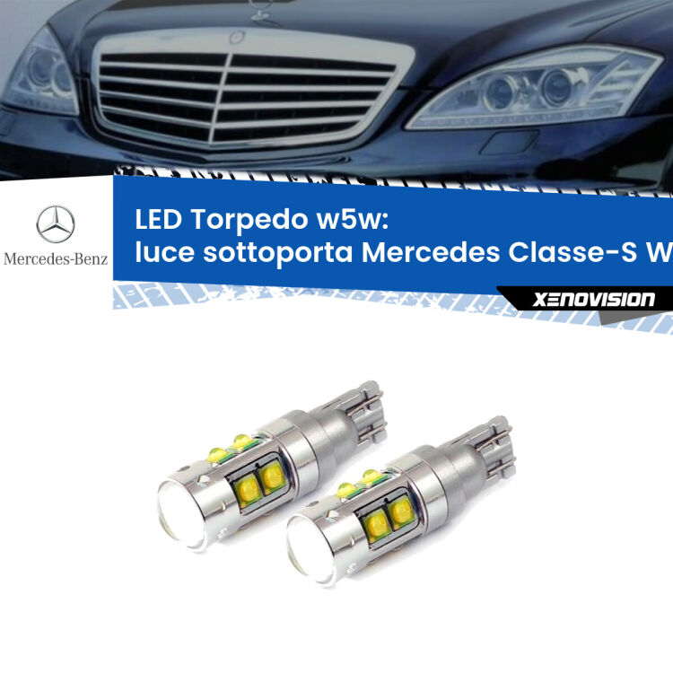 <strong>Luce Sottoporta LED 6000k per Mercedes Classe-S</strong> W221 2005 - 2013. Lampadine <strong>W5W</strong> canbus modello Tube, luce bianco lunare, lunga durata e compatibilità.