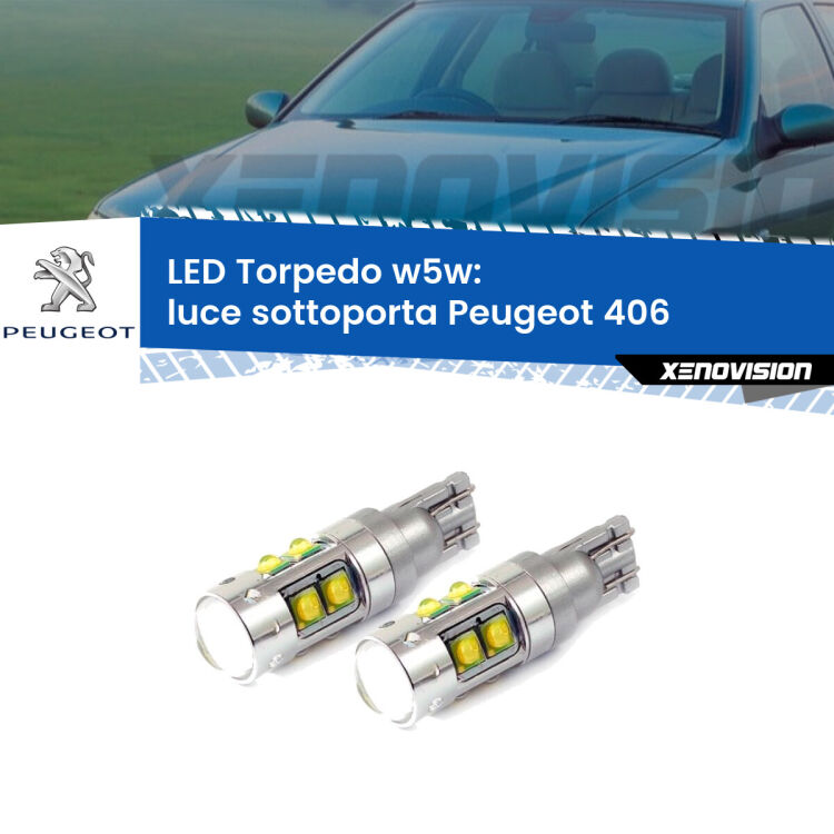 <strong>Luce Sottoporta LED 6000k per Peugeot 406</strong>  1995 - 2004. Lampadine <strong>W5W</strong> canbus modello Tube, luce bianco lunare, lunga durata e compatibilità.