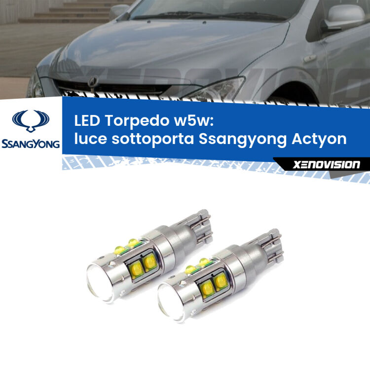 <strong>Luce Sottoporta LED 6000k per Ssangyong Actyon</strong>  2006 - 2017. Lampadine <strong>W5W</strong> canbus modello Tube, luce bianco lunare, lunga durata e compatibilità.