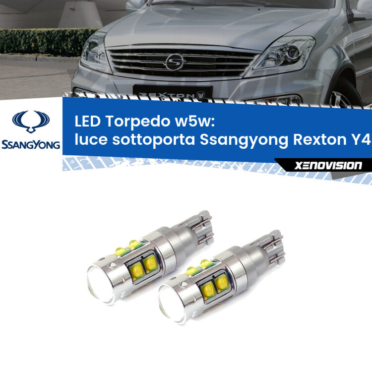 <strong>Luce Sottoporta LED 6000k per Ssangyong Rexton</strong> Y400 2017 in poi. Lampadine <strong>W5W</strong> canbus modello Tube, luce bianco lunare, lunga durata e compatibilità.