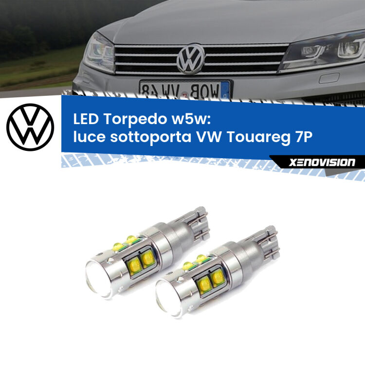 <strong>Luce Sottoporta LED 6000k per VW Touareg</strong> 7P 2010 - 2018. Lampadine <strong>W5W</strong> canbus modello Tube, luce bianco lunare, lunga durata e compatibilità.