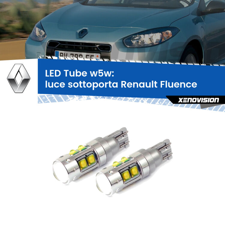 <strong>Luce Sottoporta LED 6000k per Renault Fluence</strong>  2010 - 2015. Lampadine <strong>W5W</strong> canbus modello Tube, luce bianco lunare, lunga durata e compatibilità.