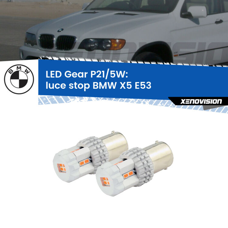 <strong>Luce Stop LED per BMW X5</strong> E53 1999 - 2003. Due lampade <strong>P21/5W</strong> rosse non canbus modello Gear.