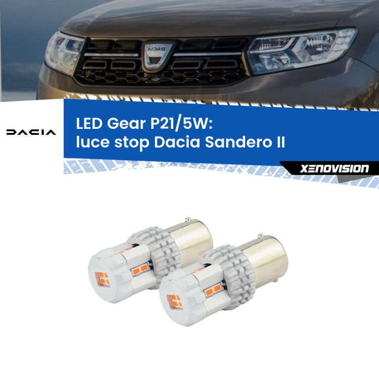 <strong>Luce Stop LED per Dacia Sandero II</strong>  2012 in poi. Due lampade <strong>P21/5W</strong> rosse non canbus modello Gear.