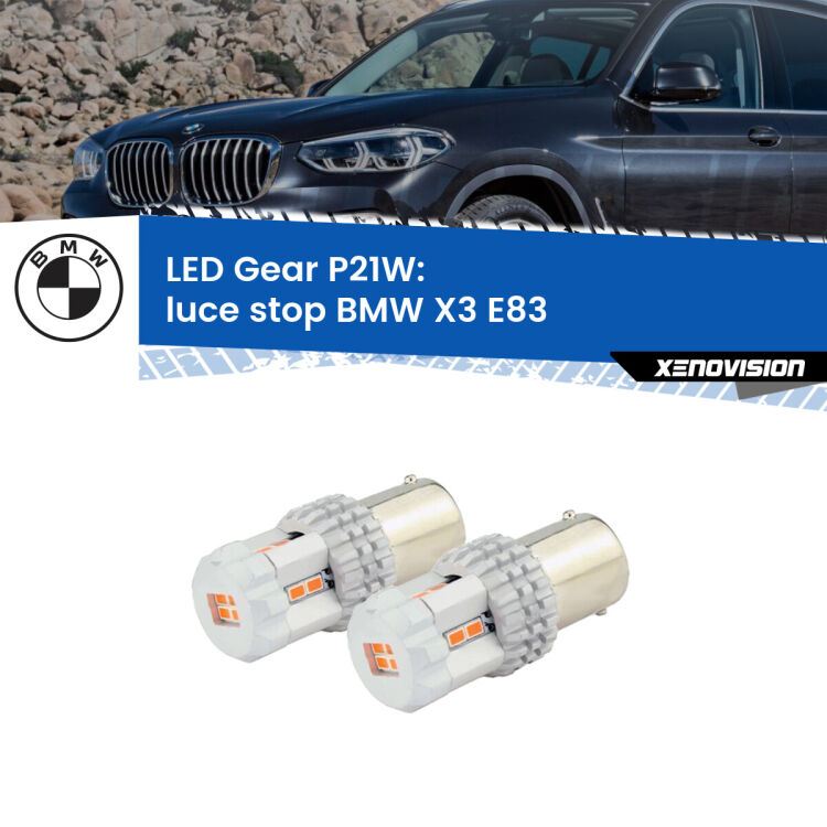 <p>Coppia <strong>LED P21W Rossi per </strong><strong>luce Stop</strong> <strong>BMW</strong> <strong>X3 </strong>(E83) 2003 - 2006: ultracompatti, illuminazione a 360 gradi e Canbus. Qualità Massima.</p>
<div> </div>