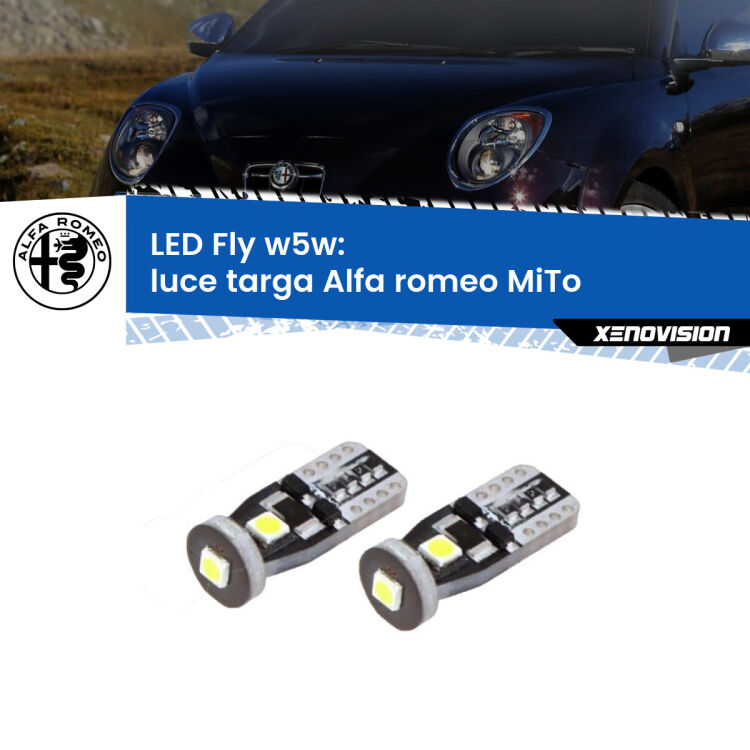 <strong>luce targa LED per Alfa romeo MiTo</strong>  2008 - 2018. Coppia lampadine <strong>w5w</strong> Canbus compatte modello Fly Xenovision.