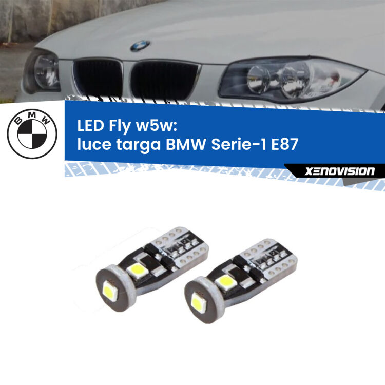 <strong>luce targa LED per BMW Serie-1</strong> E87 2003 - 2012. Coppia lampadine <strong>w5w</strong> Canbus compatte modello Fly Xenovision.