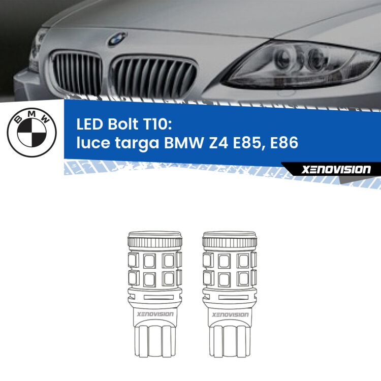 <strong>Luce Targa LED per BMW Z4</strong> E85, E86 2003 - 2008. Coppia lampade <strong>T10</strong> modello Bolt canbus.