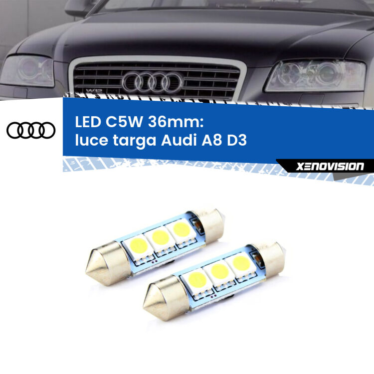 <strong>Luce Targa LED per Audi A8</strong> D3 2002 - 2009. Coppia lampade <strong>C5W</strong> 36mm estremamente longeve.