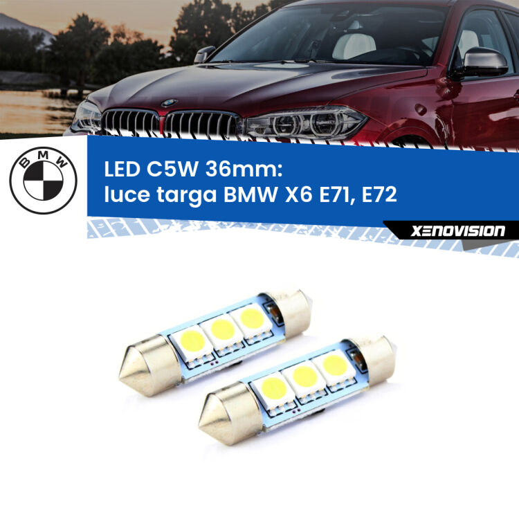 <strong>Luce Targa LED per BMW X6</strong> E71, E72 2008 - 2014. Coppia lampade <strong>C5W</strong> 36mm estremamente longeve.