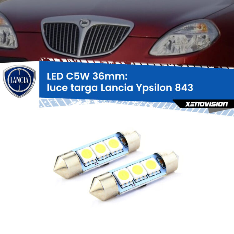 <strong>Luce Targa LED per Lancia Ypsilon</strong> 843 2003 - 2011. Coppia lampade <strong>C5W</strong> 36mm estremamente longeve.