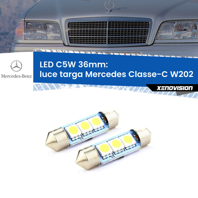 <strong>Luce Targa LED per Mercedes Classe-C</strong> W202 1993 - 2000. Coppia lampade <strong>C5W</strong> 36mm estremamente longeve.