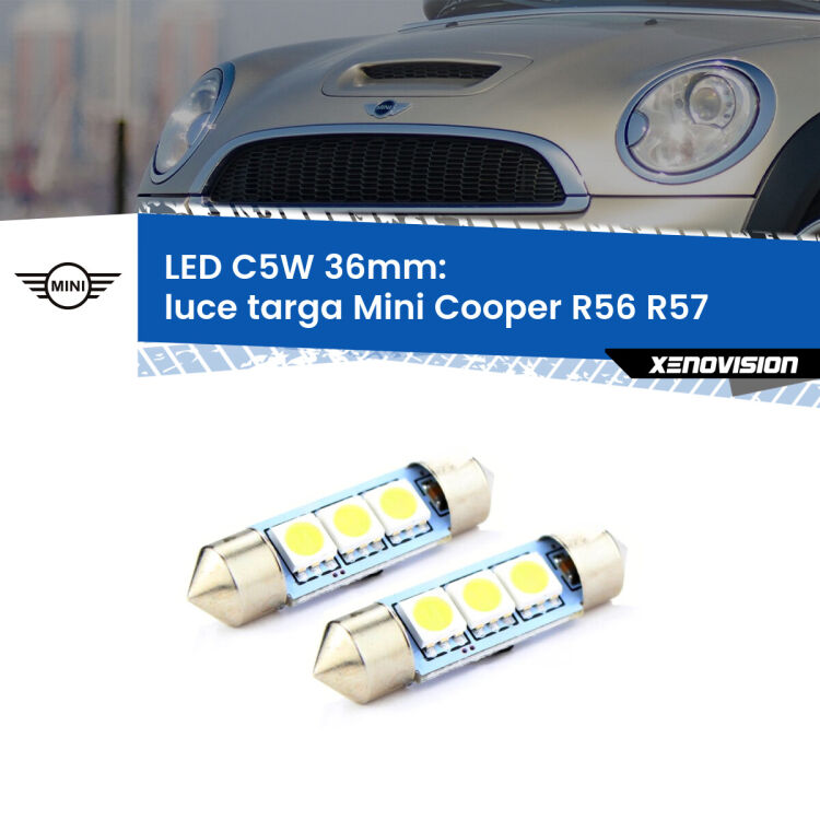 <strong>Luce Targa LED per Mini Cooper</strong> R56 R57 2006 - 2013. Coppia lampade <strong>C5W</strong> 36mm estremamente longeve.