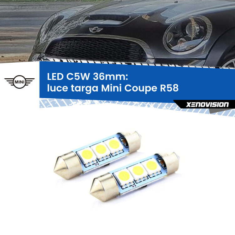 <strong>Luce Targa LED per Mini Coupe</strong> R58 2011 - 2015. Coppia lampade <strong>C5W</strong> 36mm estremamente longeve.