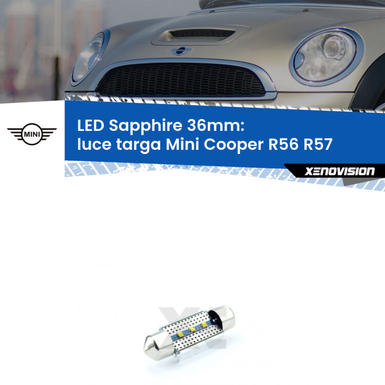 <strong>LED luce targa 36mm per Mini Cooper</strong> R56 R57 2006 - 2013. Lampadina <strong>c5W</strong> modello Sapphire Xenovision con chip led Philips.